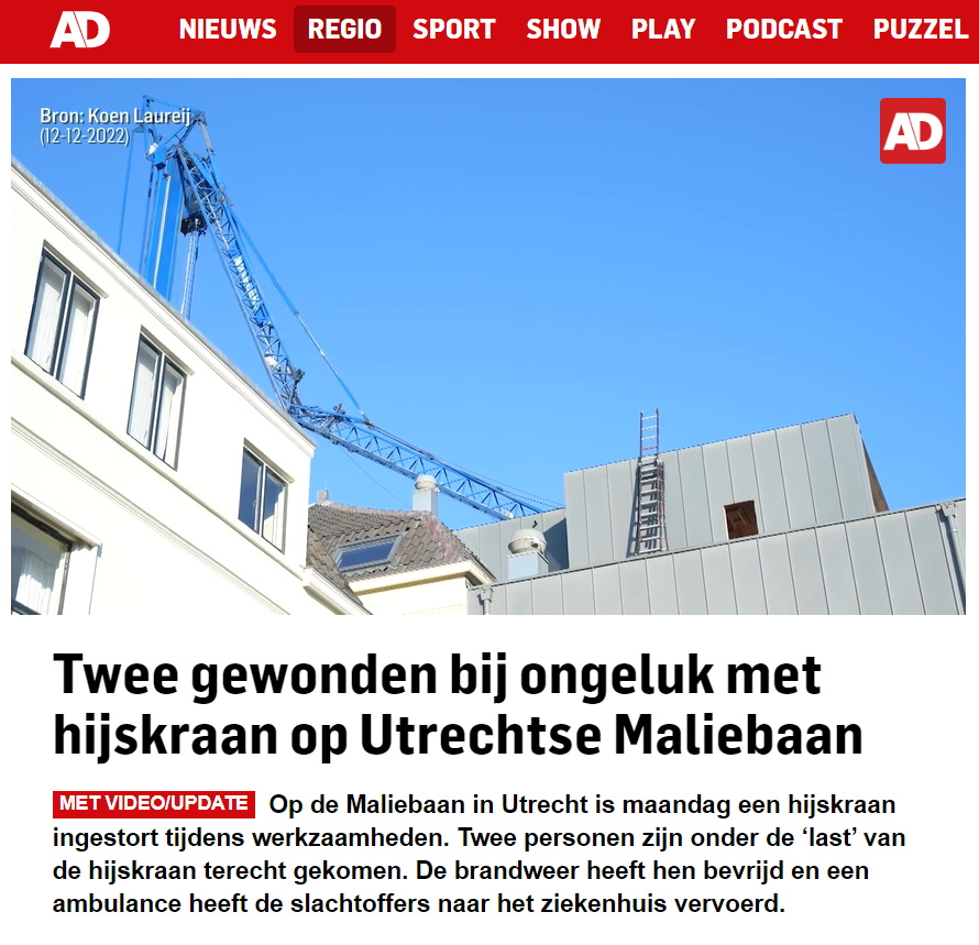 Ongeval kraan Maliebaan Utrecht